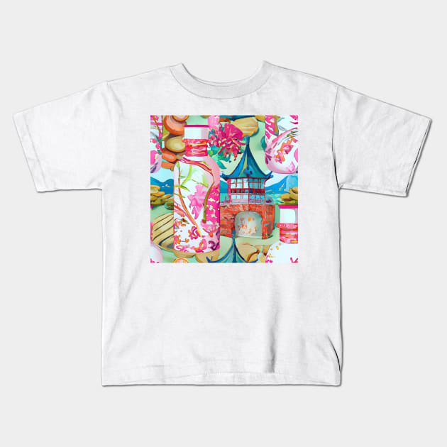 Pagodas and chinoiserie jars Kids T-Shirt by SophieClimaArt